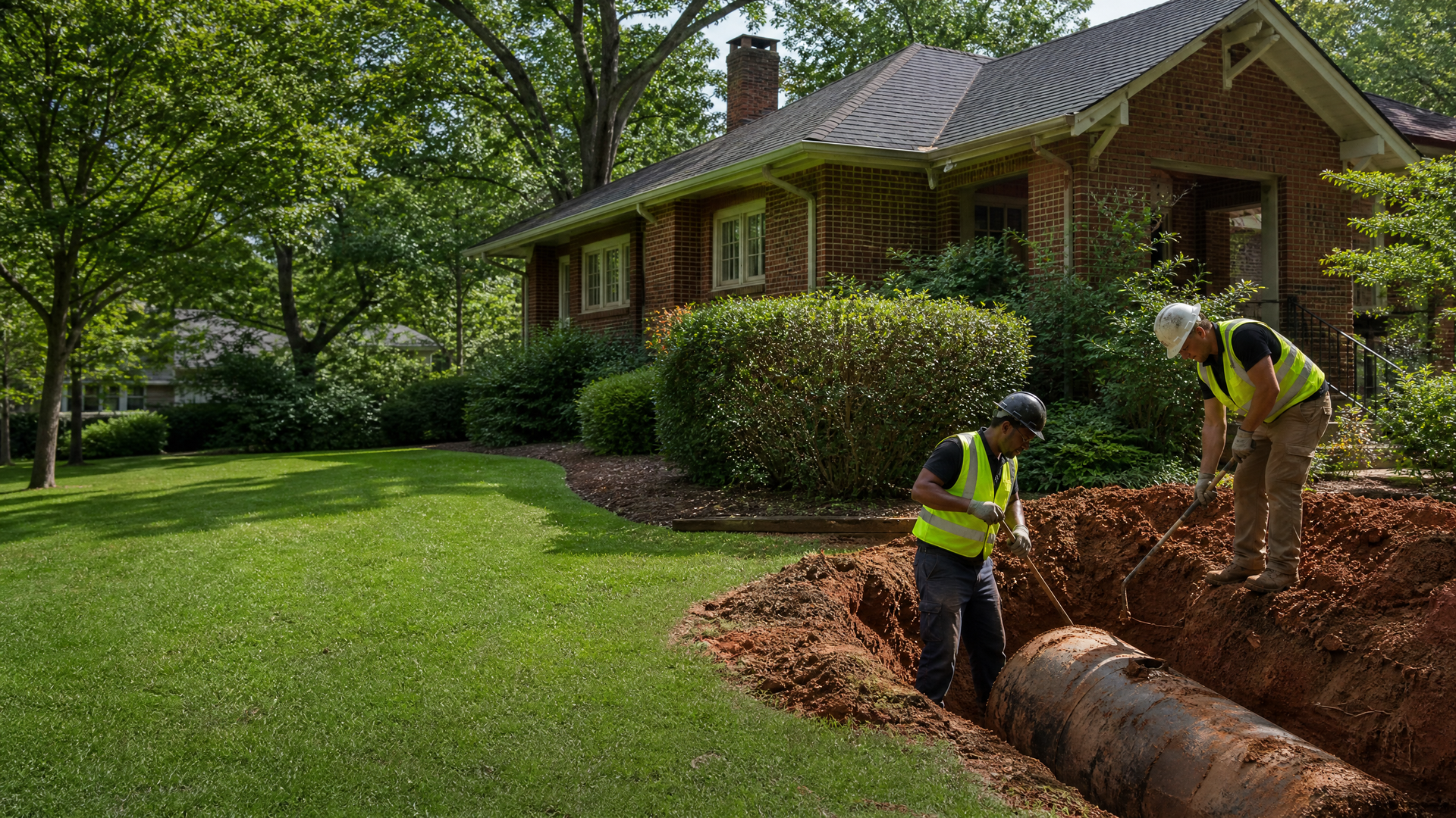 Excavator extracting corroded underground oil tank from residential property