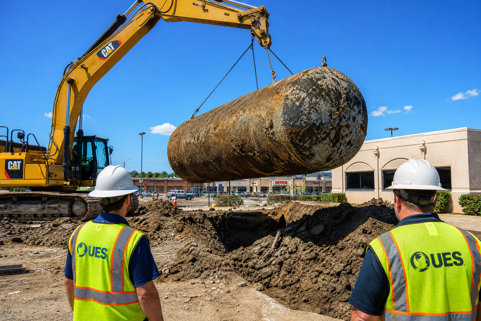 Excavator removing large underground oil tank from commercial property with supervisors observing
