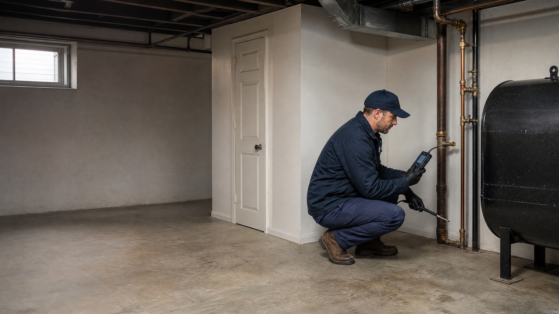 Environmental contractor and homeowner inspecting basement excavation during oil tank leak remediation