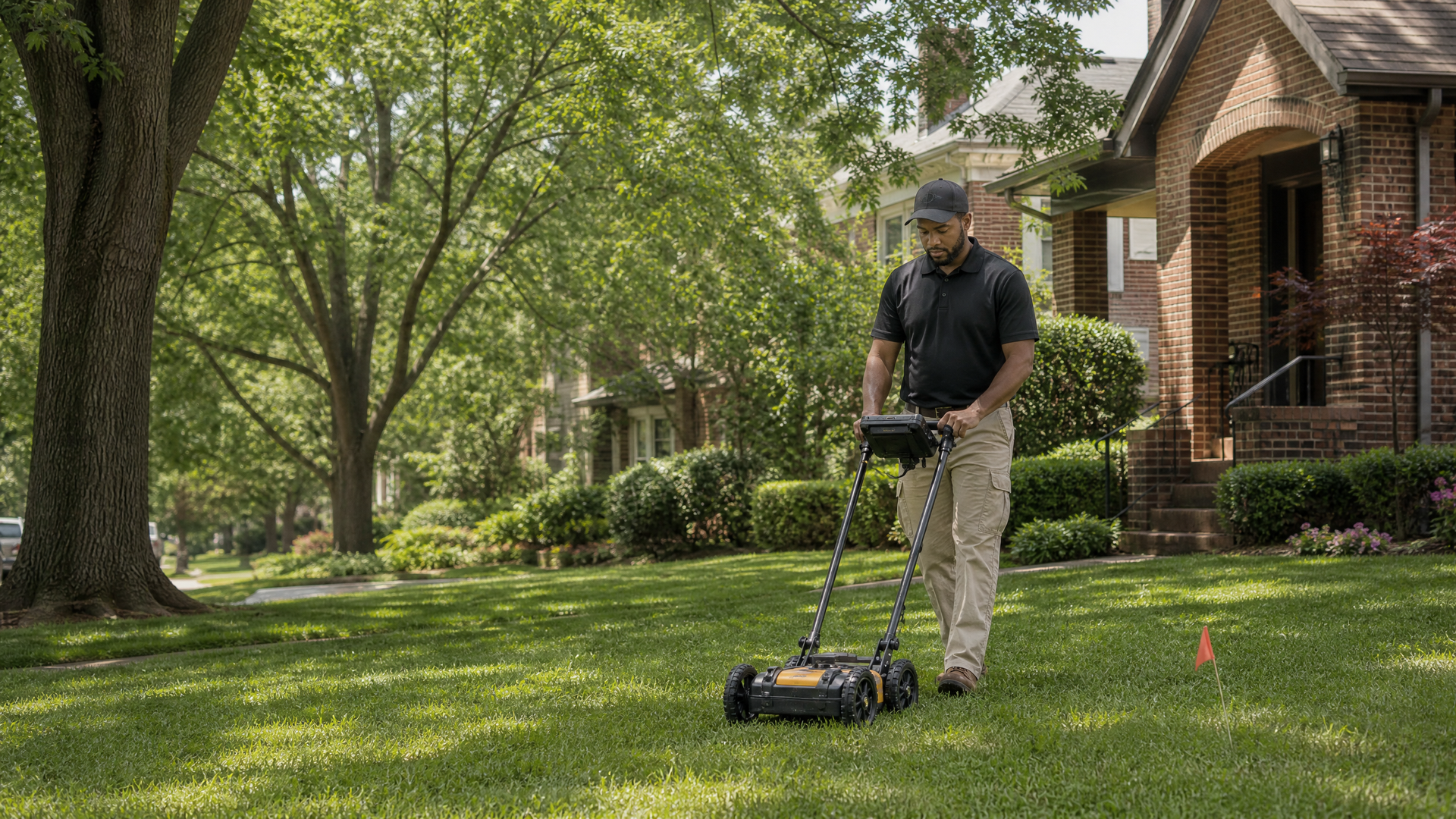 Unbranded environmental technician performing an underground oil tank locating sweep at a residential property