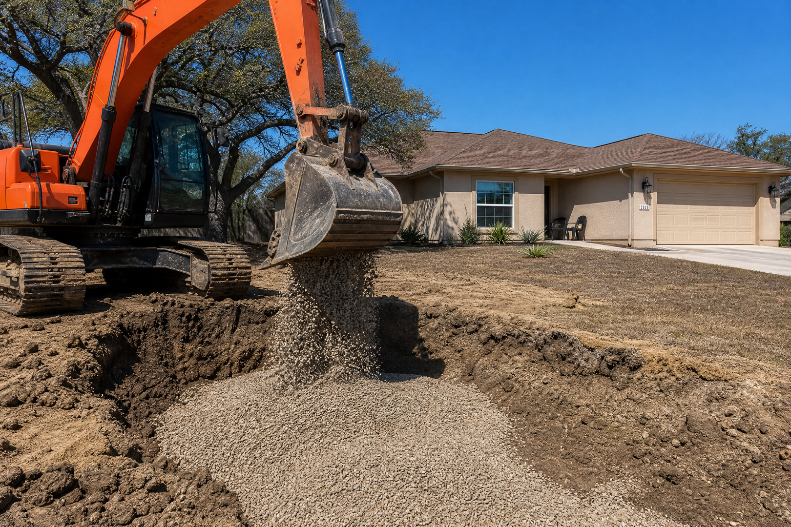 Excavator backfilling clean gravel into oil tank removal pit beside residential home