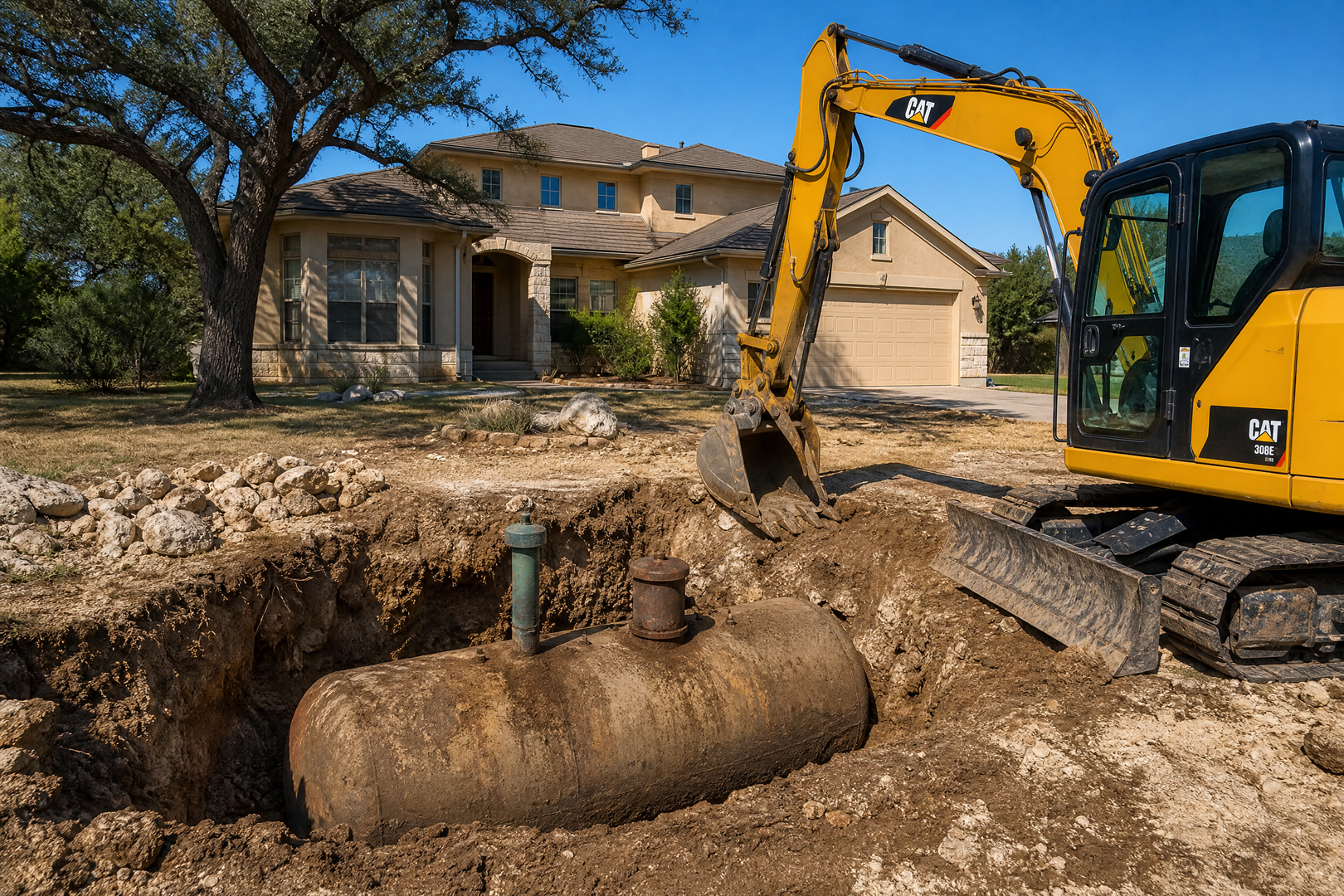 Residential oil tank closure work near a home foundation